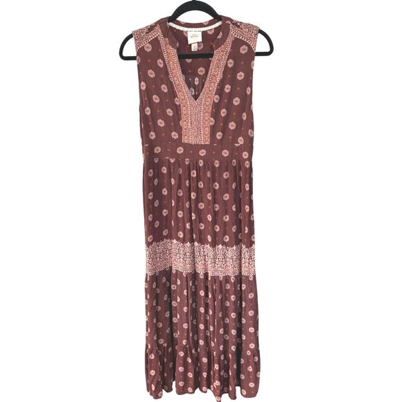 Boho Tiered Prairie Sleeveless Maxi Dress Brown Countryside Earth Girl Medium - Picture 1 of 9
